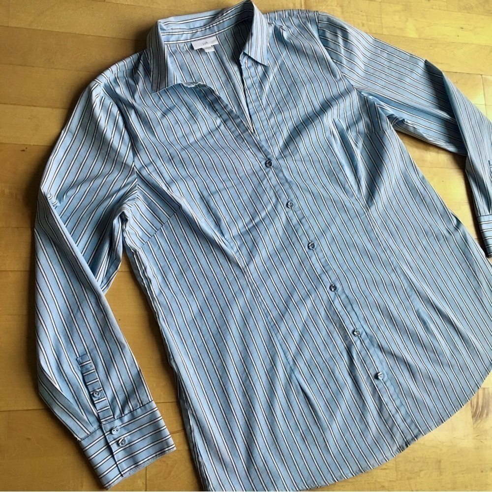 J Jill Striped Button Up V Neck Shirt Light Blue White Large